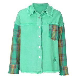 BOZANLY Women's GREEN Jacket Coat Print Long‎ Sleeve Casual Pocket Plaid, MEDIUM